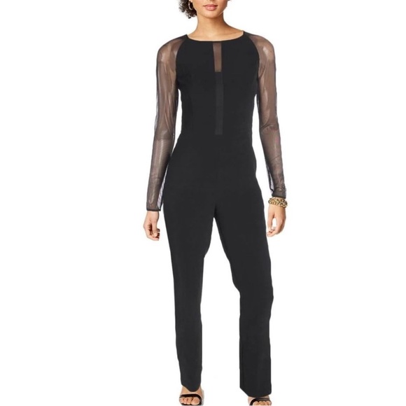 Lauren Ralph Lauren NWT Black Jumpsuit Women’s Size 12 Mesh‎ Sleeve Formal - Picture 1 of 11